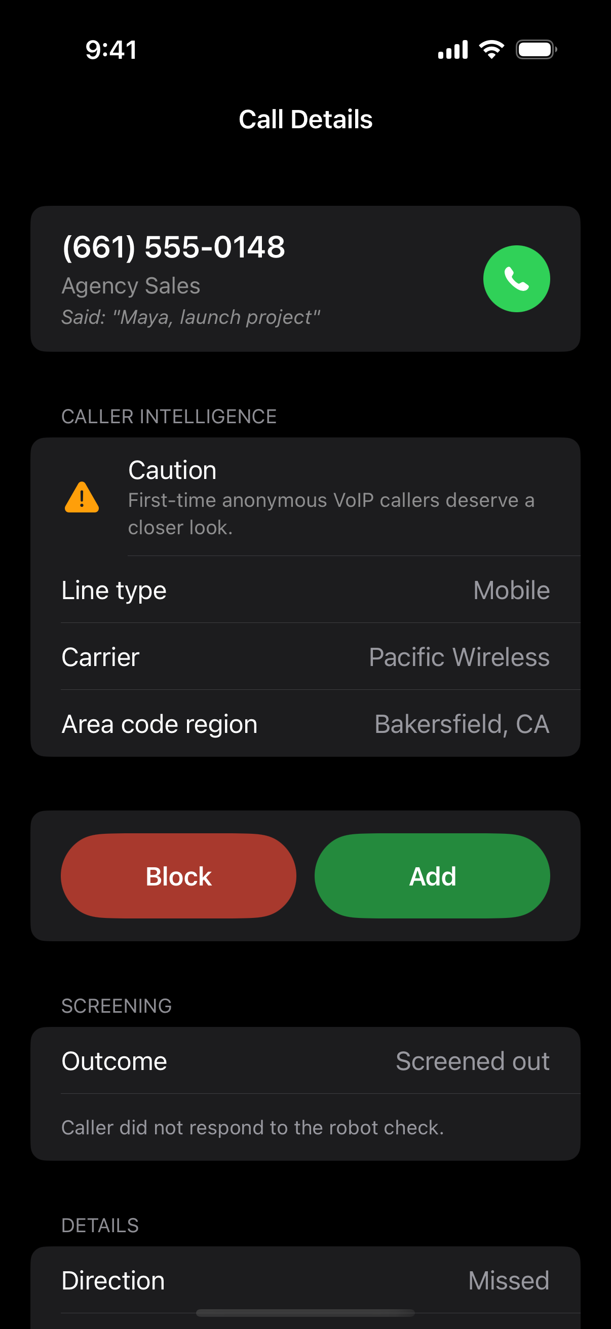 Fissible Phone call details showing caller intelligence, block, and add actions