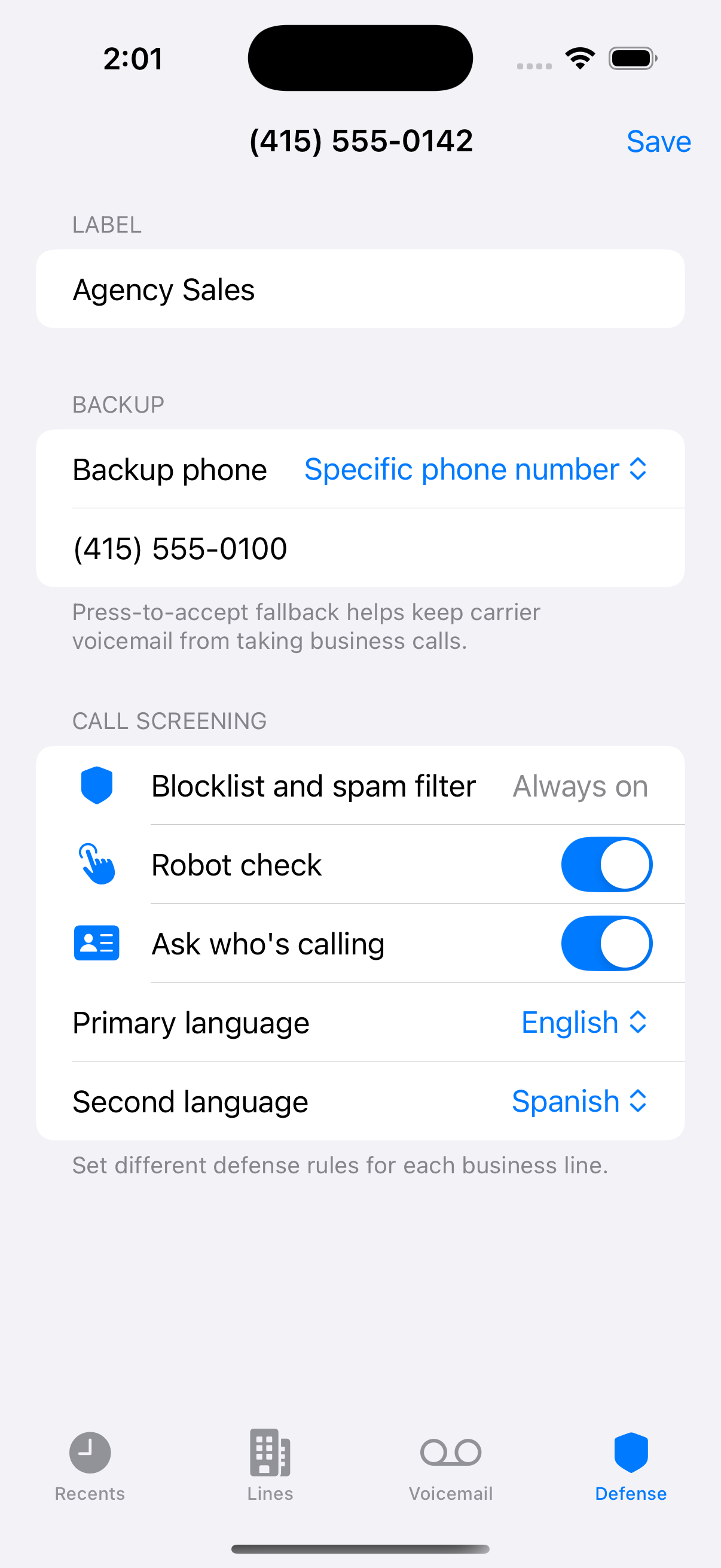 Fissible Phone per-line call defense settings