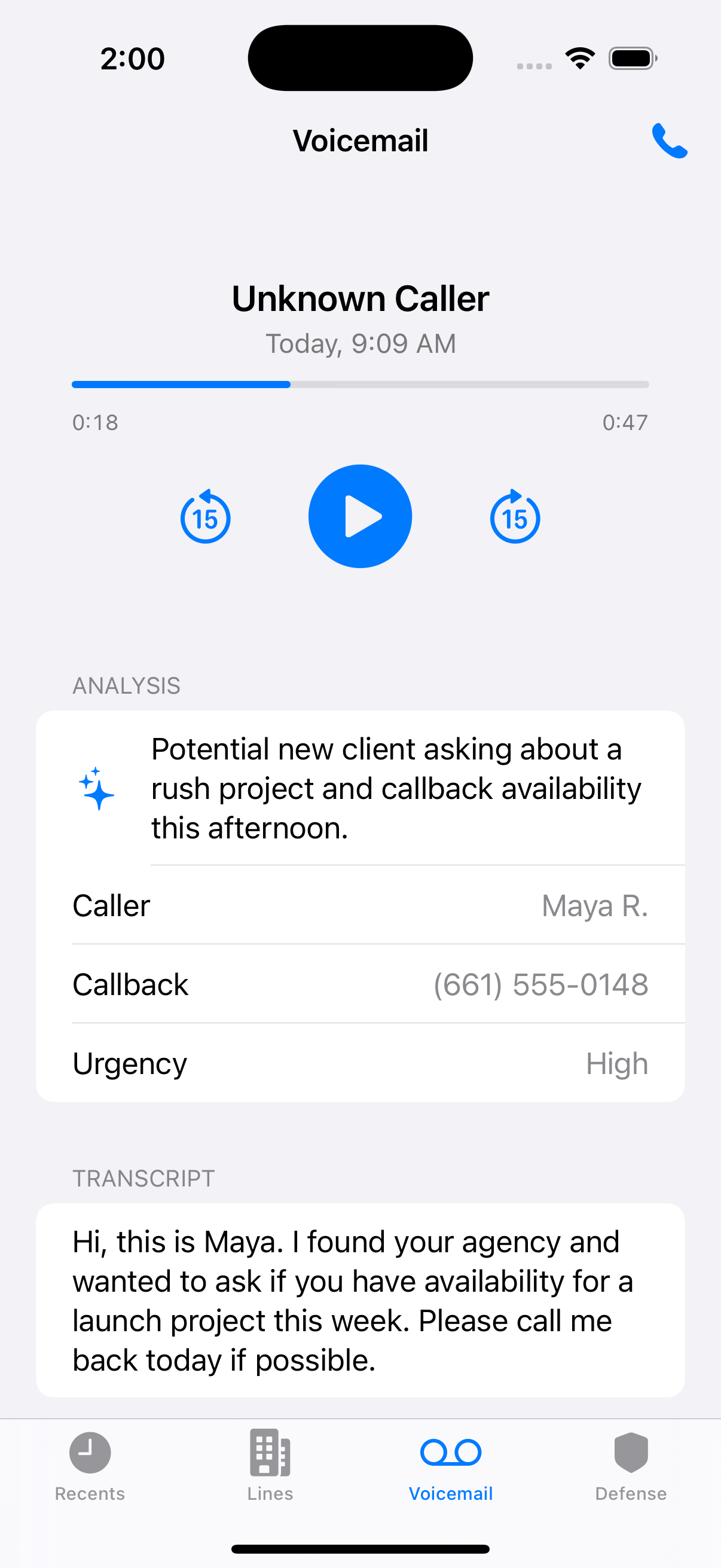 Fissible Phone voicemail analysis with summary and urgency